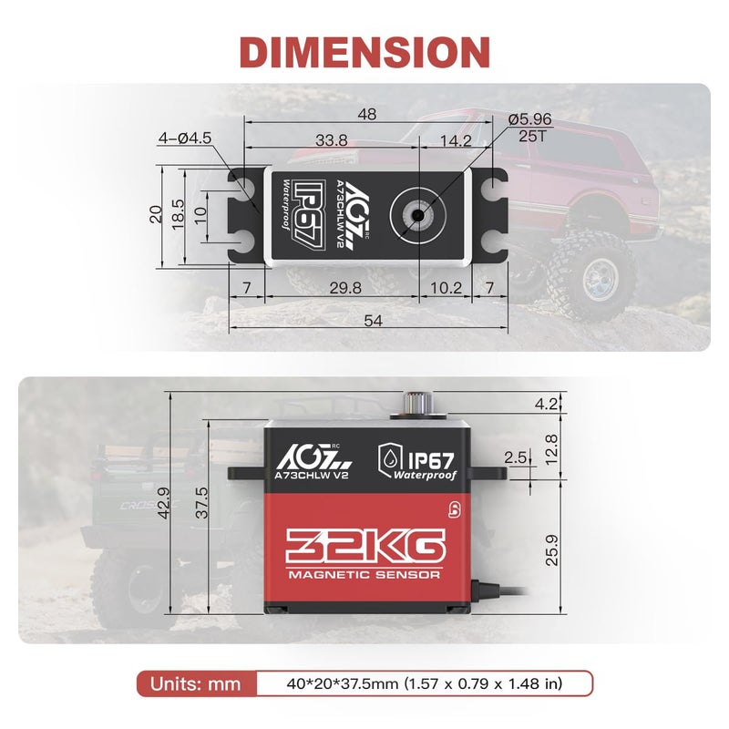 AGFRC 32KG IP67-Waterproof RC-Servo High-Torque - Full Metal Gear Coreless Steering Servo for 1/10 RC Car Boat Crawler, Control Angle 180Â° (A73CHLW V2) - Image 4